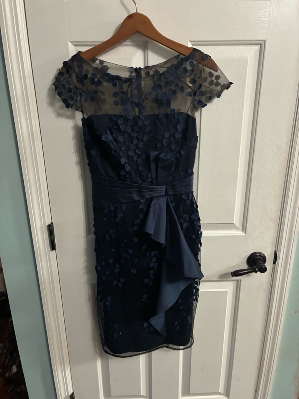 Carmen Marc Valvo Navy Midi Dress with Sheer Yoke and Petal Details - Picture 3 of 9